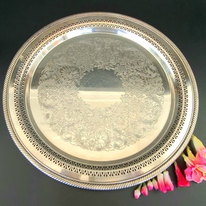 Vintage- Silver Plated - Etched Platter/ Serving Tray/ Vanity Tray/ Decorative Tray - 15&quot;