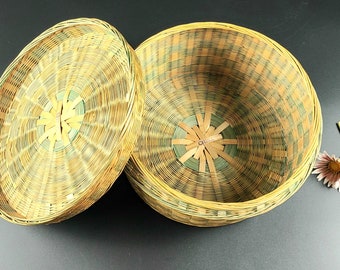 Cesta de almacenamiento redonda con tapa - Tejido - China - Bambú/Ratán