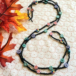 Vintage Beaded - Daisy Flowers - Layered Boho Necklace - Black - 50&quot; Long