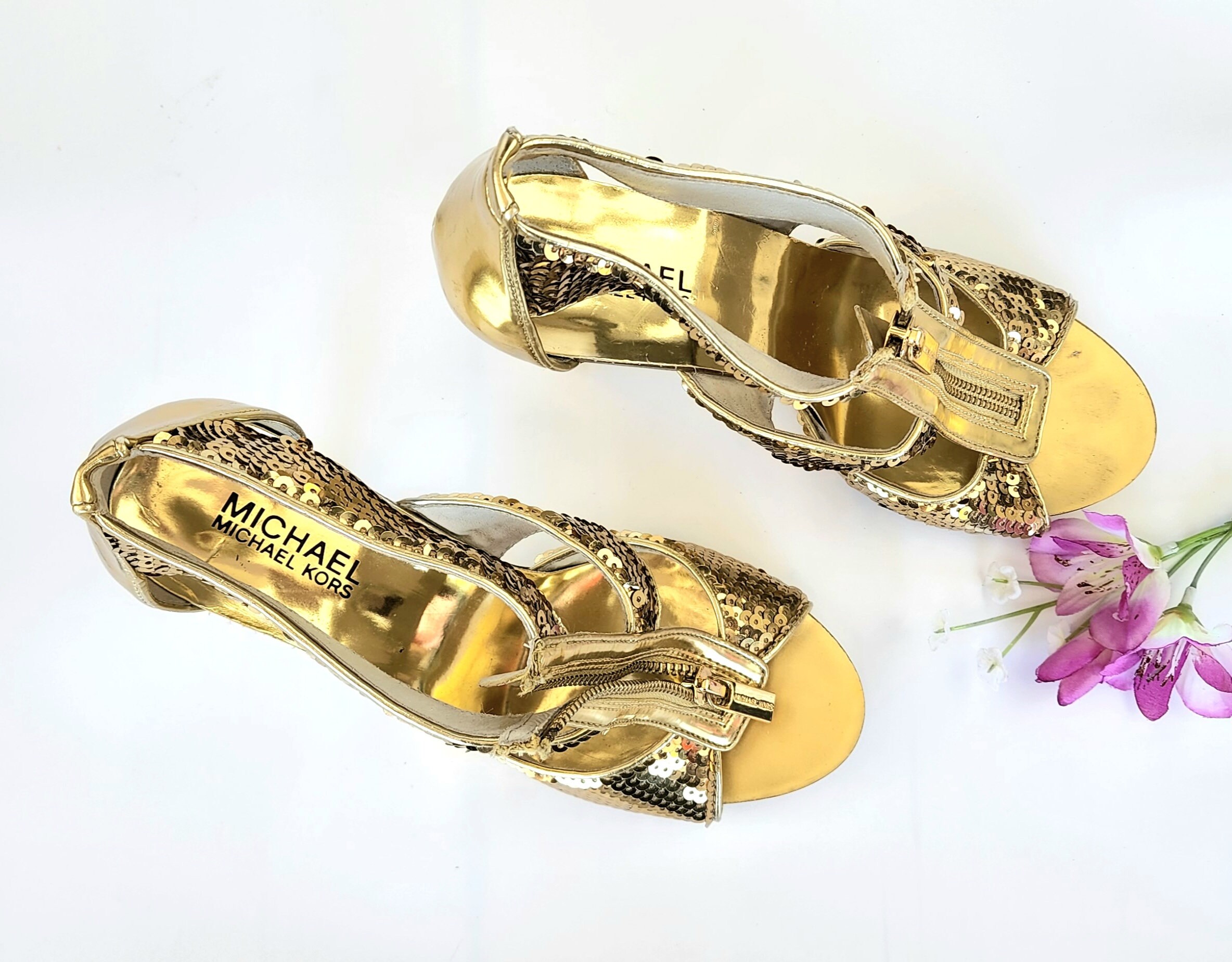 Women Michael Kors Size 8 T Strap Sandal Heels Gold - Etsy Denmark