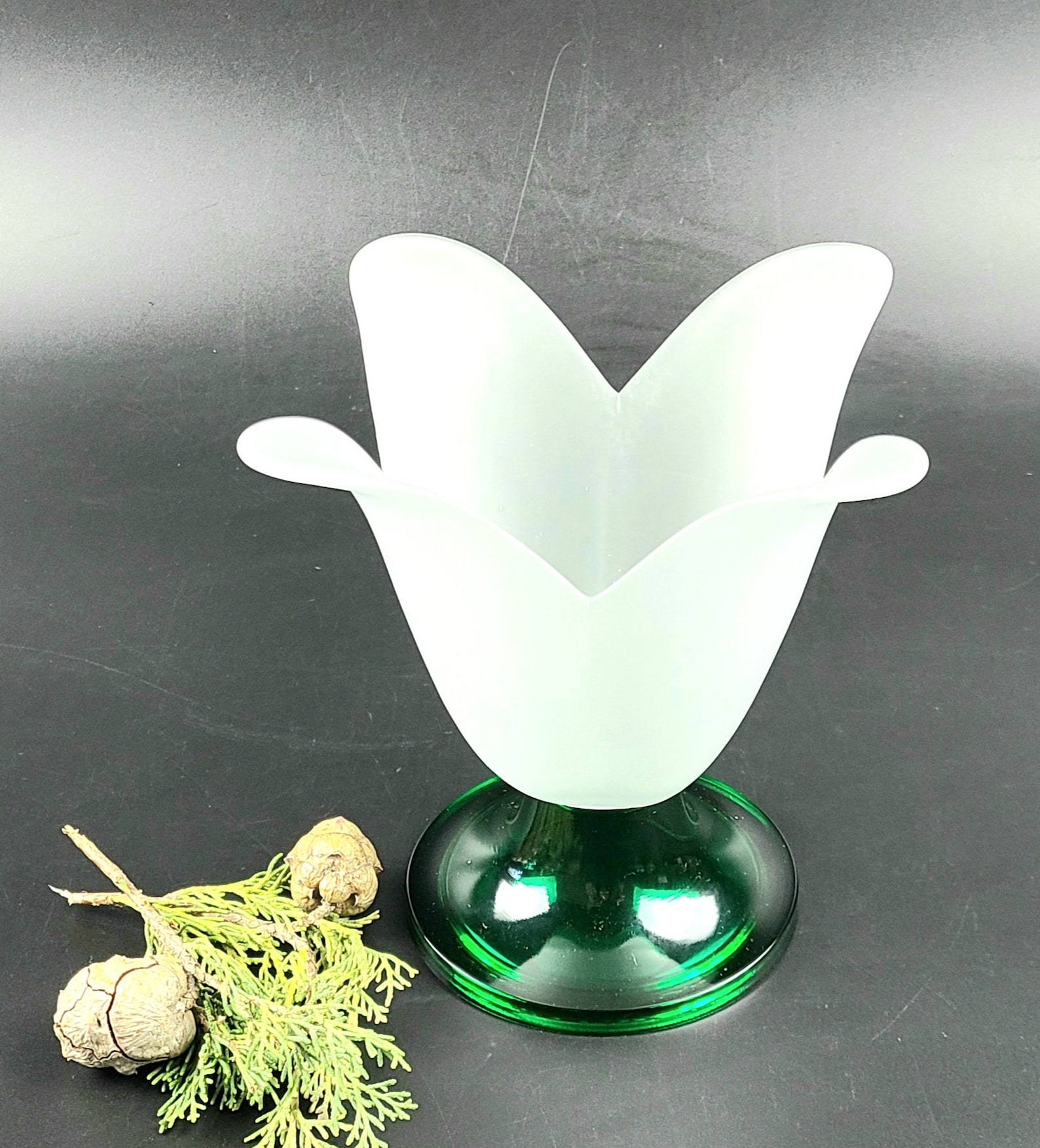 Vintage Tulip Shaped Frosted Glass Vase Green Pedestal 6 Etsy