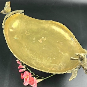 Vintage- Solid Brass/ Bronze - Tray on Pedestal with Birds Handle