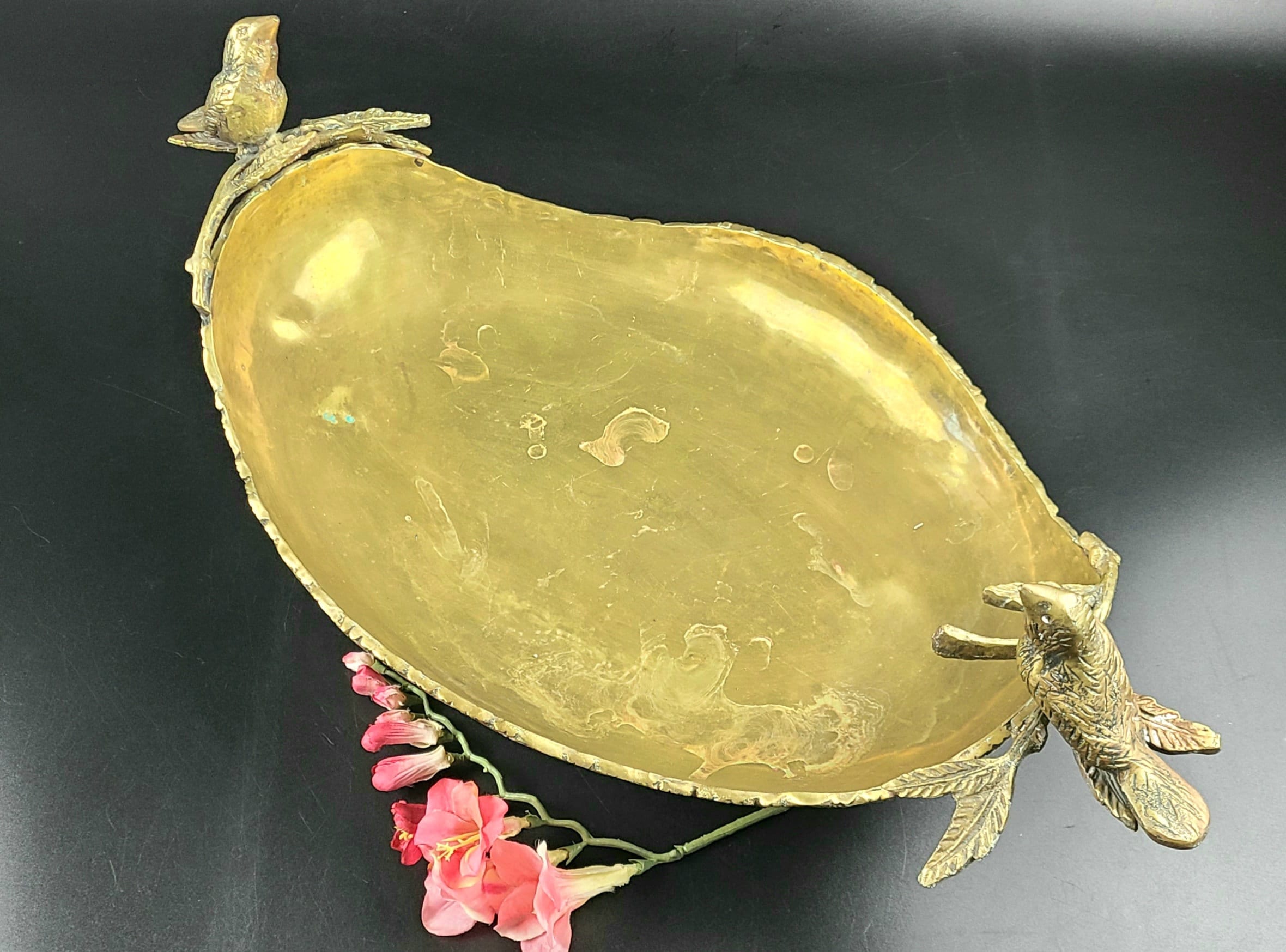 Vintage Solid Brass/ Bronze Tray on Pedestal With Birds Etsy UK