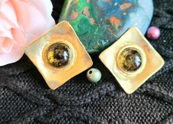 Similar Items to Purple and forest green crystal clip on earrings, large chunky rhinestone studs
