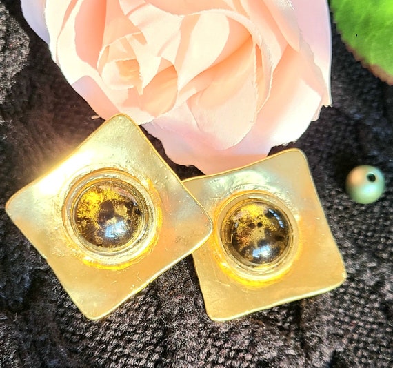 Boucles D'oreilles Vintage à Clips En Métal Doré Avec Verre Ambré - Occasion, Style Ancien