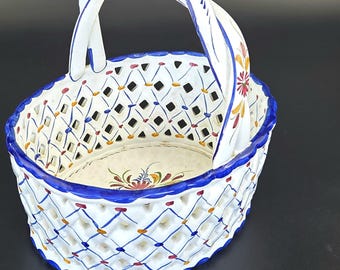 ヴィンテージ - オープンレースバスケット - 花柄 - ハンドル - 磁器
