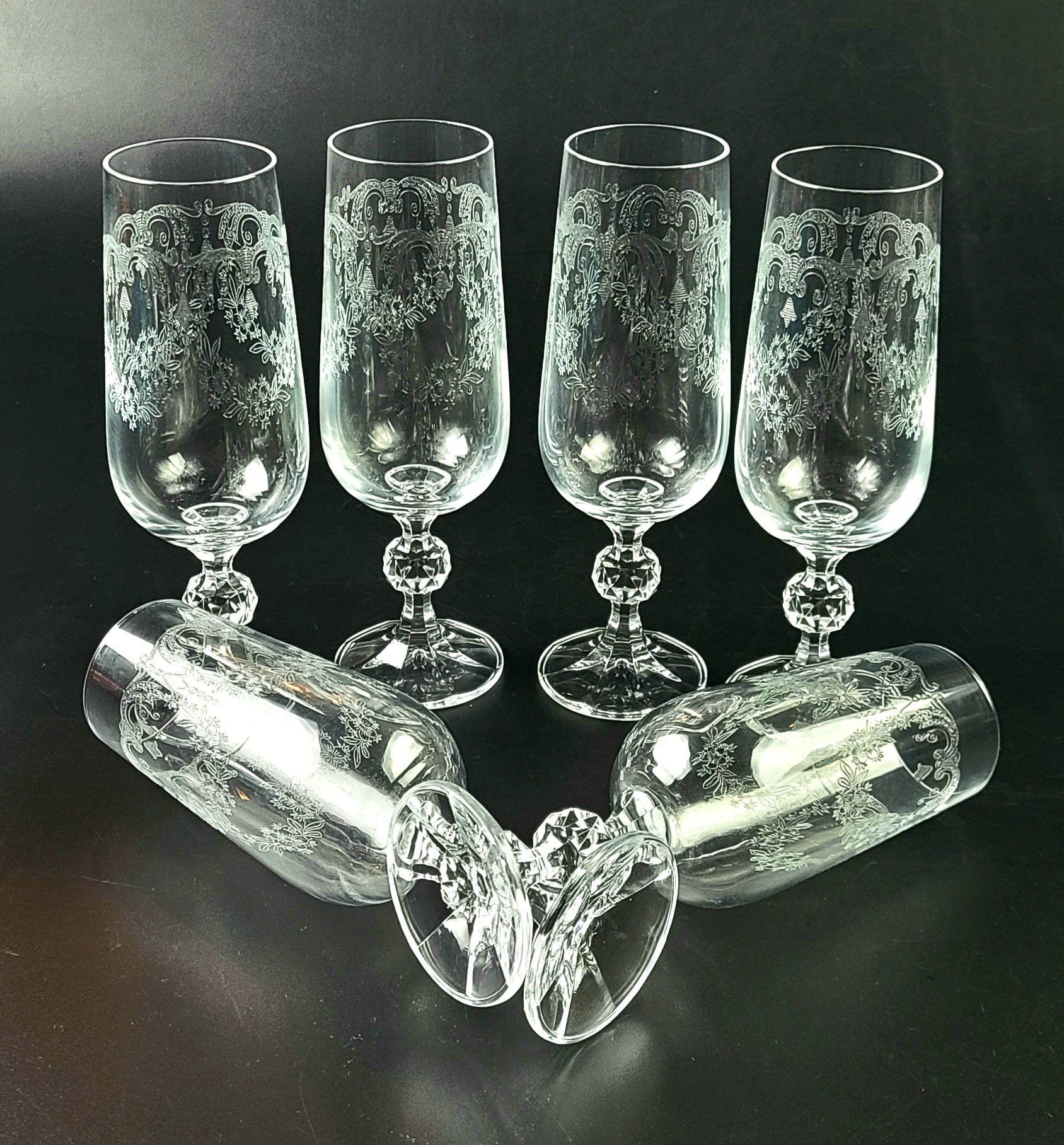 Vintage Bohemia Etched Crystal Champagne Glasses Set of 6 Etsy