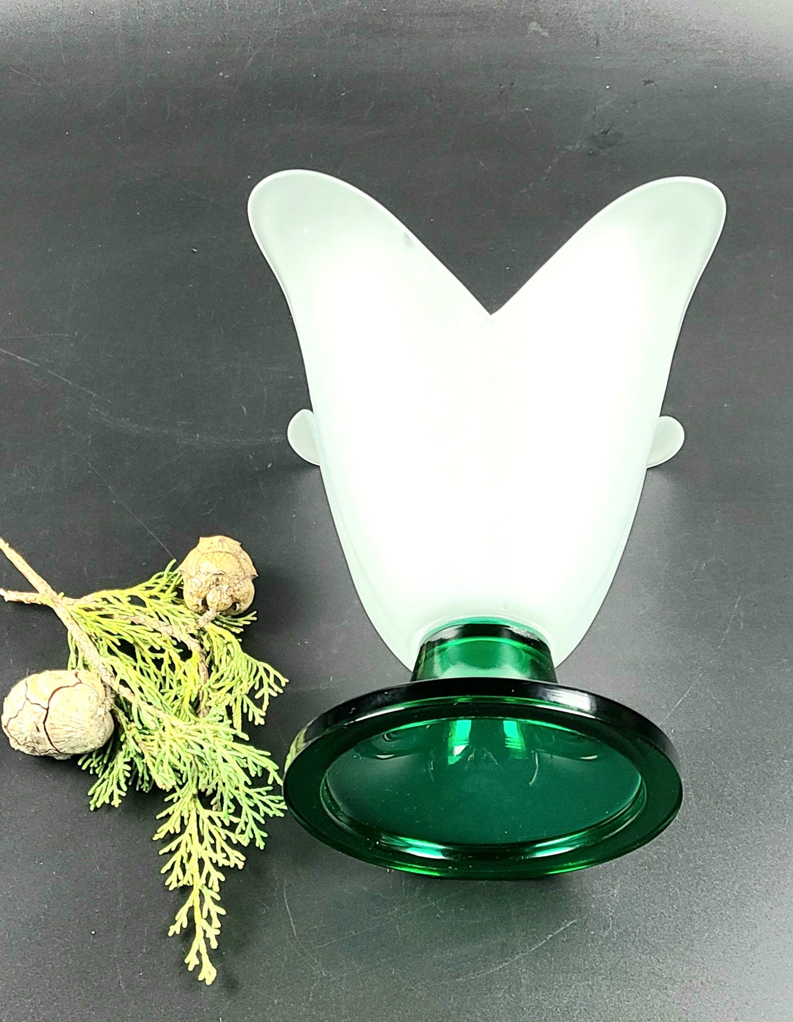 Vintage Tulip Shaped Frosted Glass Vase Green Pedestal 6 Etsy