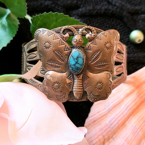 Vintage - Copper Cuff Bracelet- Butterfly With Turquoise Stone - Signed " Bell Trading Post"