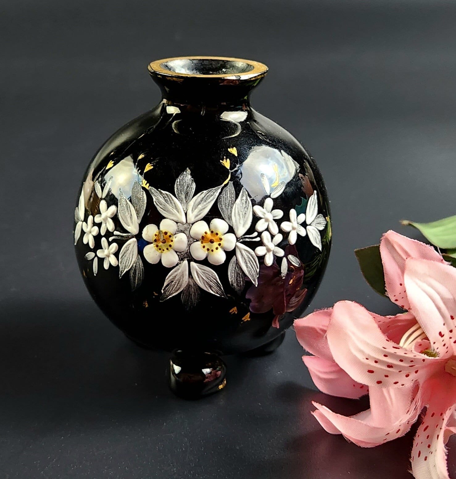 Vintage Black Footed Bud Vase - Floral Design - 3.5