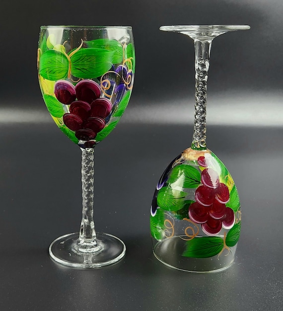 Vintage Crystal Wine Glasses - Hand-painted Grape Design- 7 3/4" Tall - Set  of 2