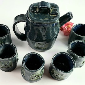 Vintage- Signed - Dark Blue Handmade Stoneware Tea Set with 6 Cups