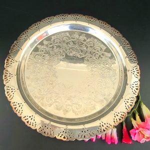 Vintage - 12.5&quot; - Silver Plated - Etched Platter/ Serving Tray/ Vanity Tray/ Decorative Tray