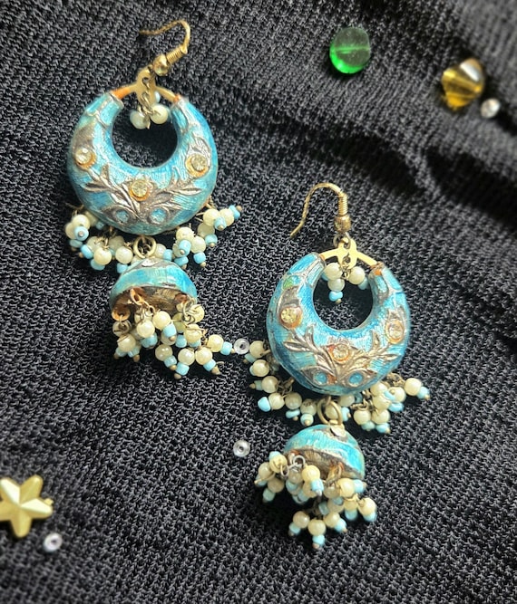 Vintage Handmade Lakh Dangling Earrings – India – Sky Blue