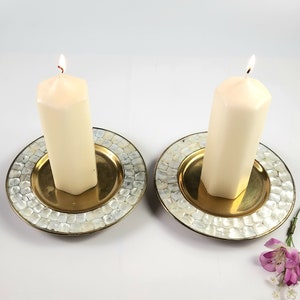 Vintage Pier 1 Imports - Brass & Mother of Pearl Candle Holders- 8 1/4&quot; - Set of 2