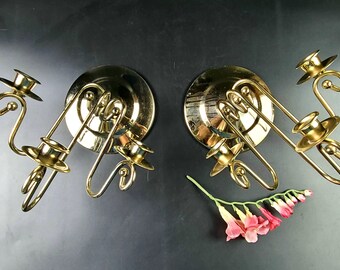Vintage Brass Wall Sconces - Pair - Made in USA - 3 Candlestick Candelabra