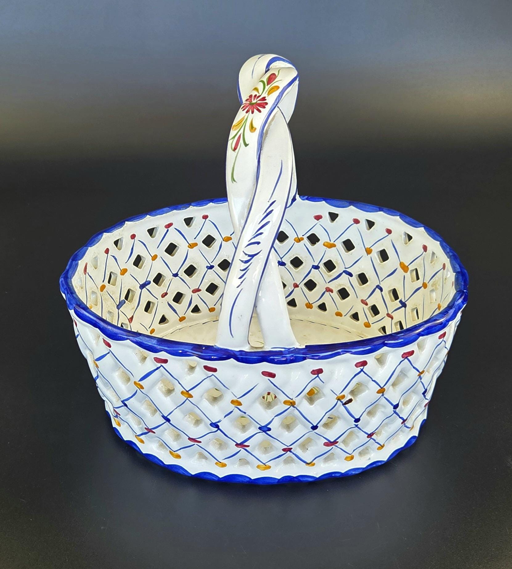 ヴィンテージ - オープンレースバスケット - 花柄 - ハンドル - 磁器