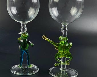 ヴィンテージ - ワイングラス2個セット - カエル型ステム - 美しい