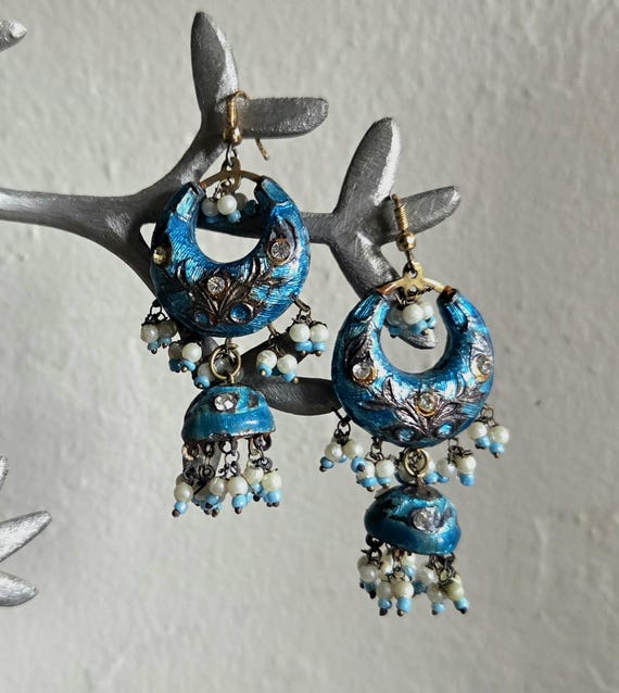 Vintage Handmade Lakh Dangling Earrings – India – Sky Blue View 5