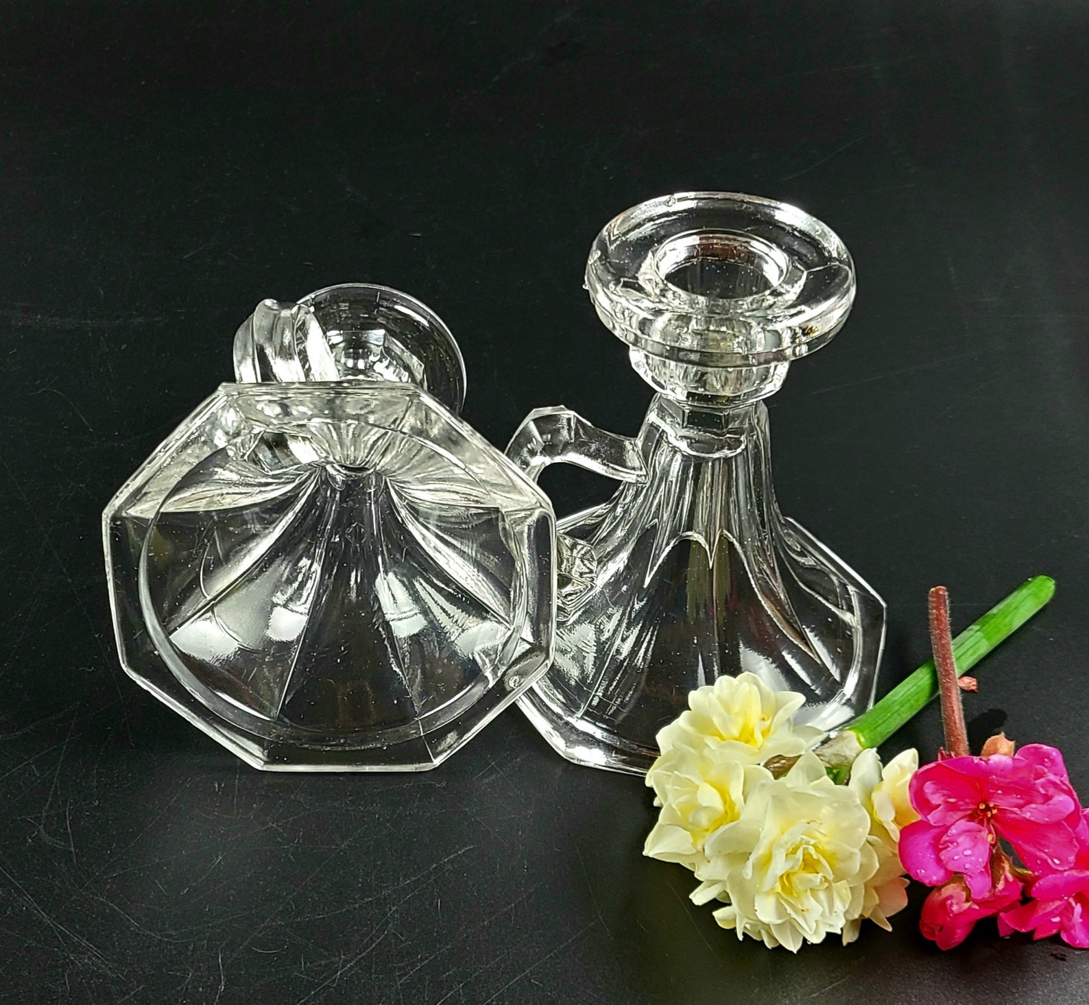 Vintage Clear Glass/ Crystal Candle holders with Handle Set Etsy