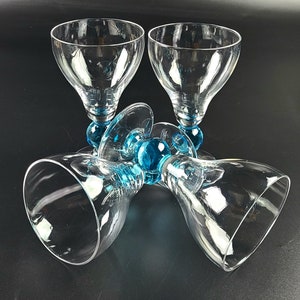 Vintage - Set of 4 - Aqua Blue Round Stem - Wine Glass - Clear Bowl & Base