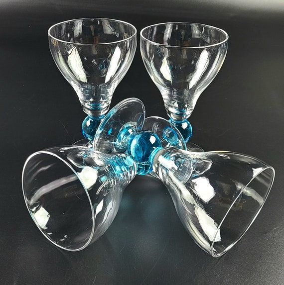 Vintage - Set of 4 - Aqua Blue Round Stem - Wine Glass - Clear Bowl & Base  - Etsy