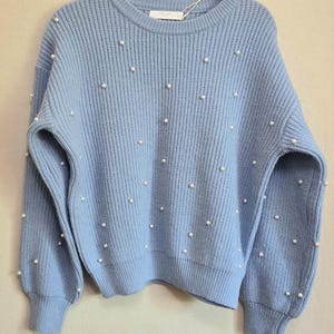 May include: A light blue sweater with a ribbed knit texture. The sweater is adorned with numerous small, white, pearl-like embellishments scattered across the front and sleeves. It has a crew neck and long sleeves, hanging on a black hanger.