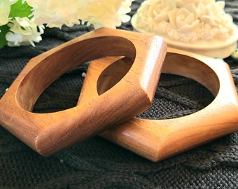 Vintage 1970's  - Set of 2 - 2.75" Inner Diameter - Wooden Hexagon Shaped Bangle