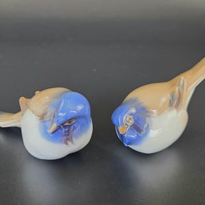 Op de afbeelding: Twee porseleinen vogelbeeldjes met blauwe en bruine accenten. De vogels zitten met hun hoofd naar beneden gekanteld.