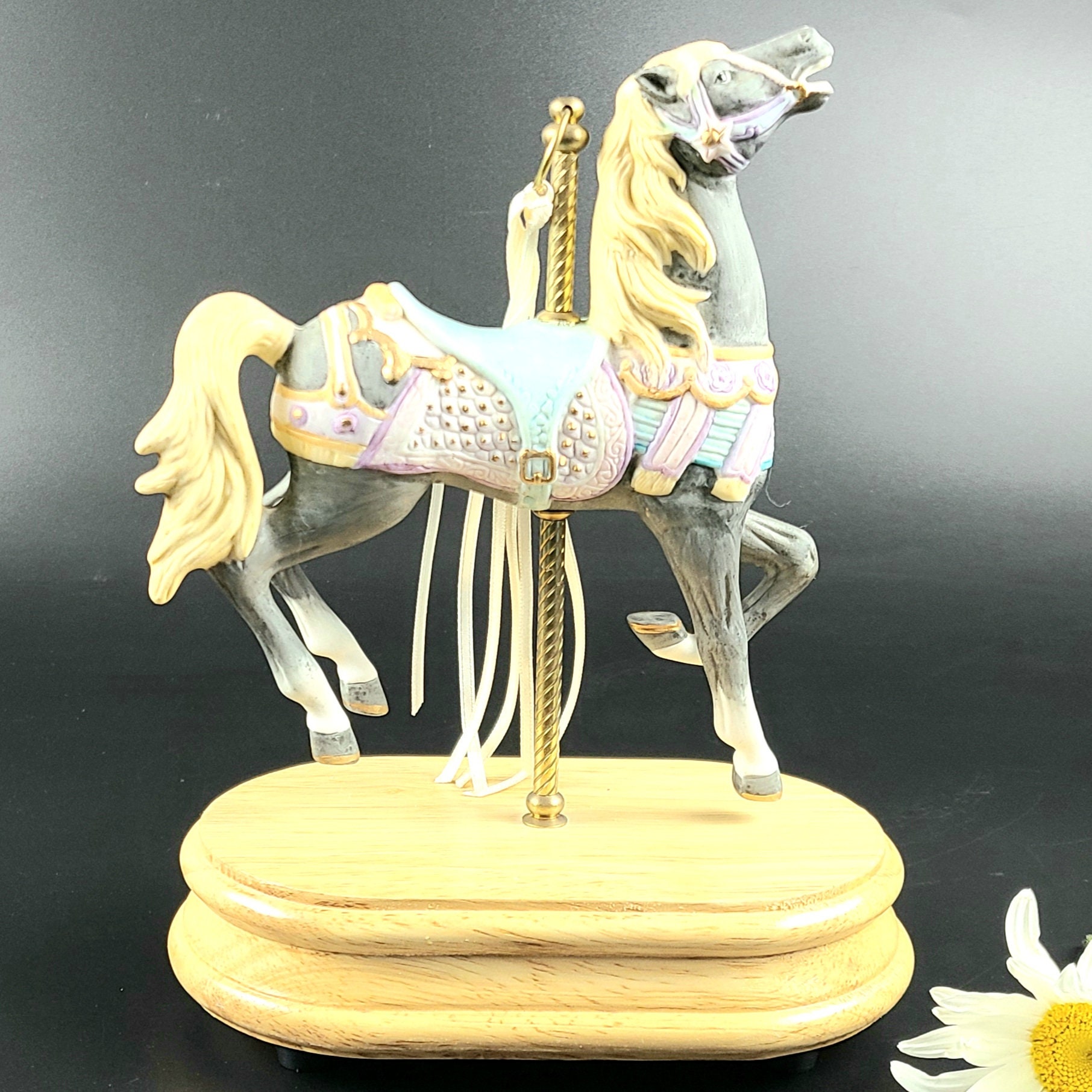 Vintage Carousel Horse Figurine on Brass Pole & Wooden Stand Etsy
