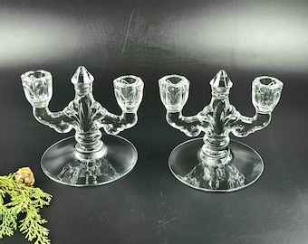 Vintage - Set van 2 Heisey Barcelona dubbele kristallen kandelaars
