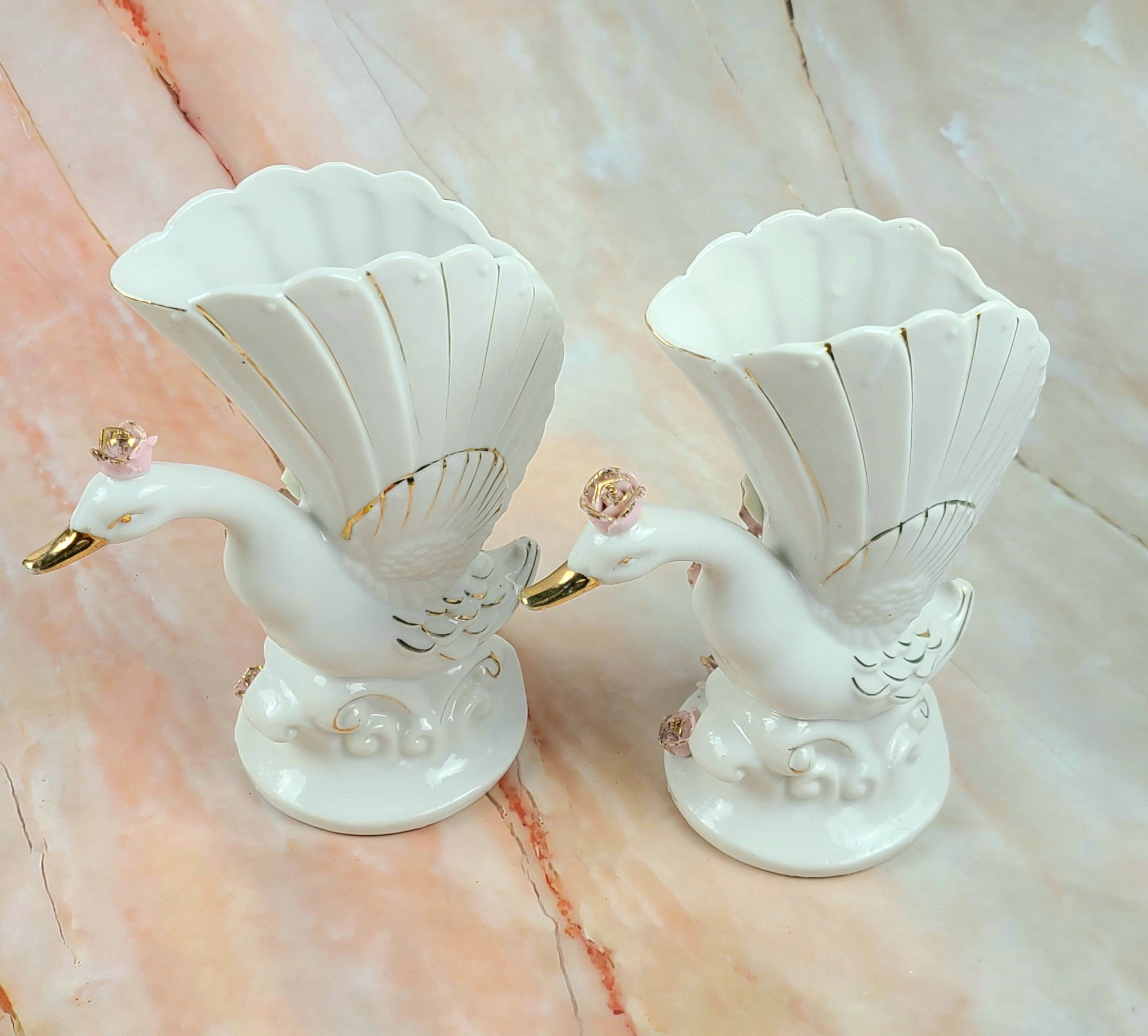 Vintage Porcelain Swan Vases With Scalloped Top Made in Etsy