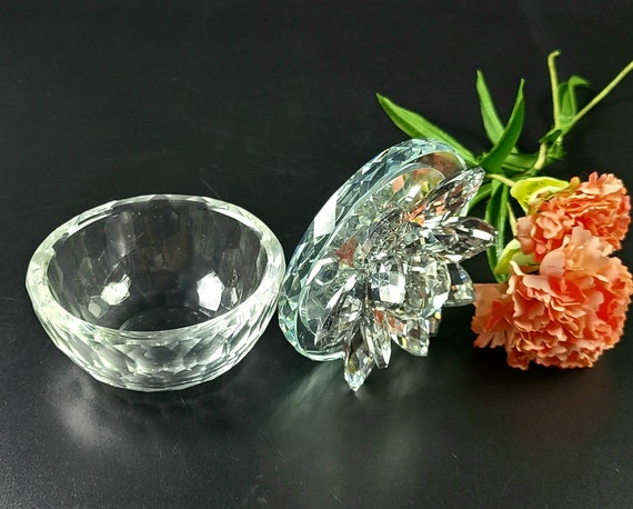 Vintage - Clear Glass - Trinket Box with Lotus To… - image 9
