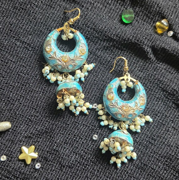 Vintage Handmade Lakh Dangling Earrings – India – Sky Blue View 2