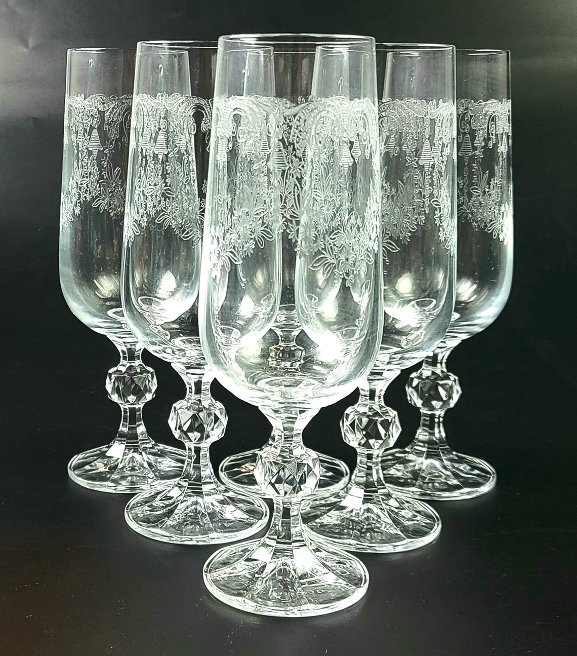 Vintage Bohemia Etched Crystal Champagne Glasses Set of 6 Etsy