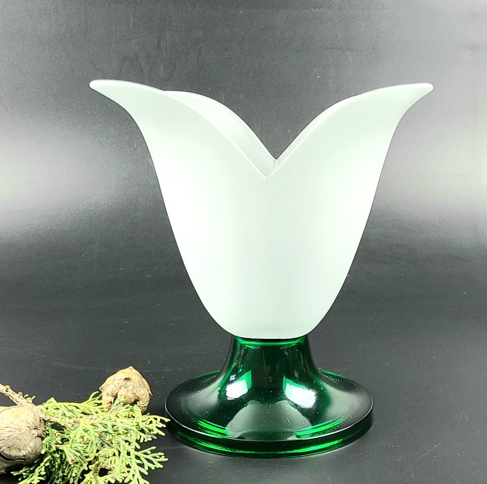 Vintage Frosted Glass Vase Green Pedestal 6 3/4 Tall Etsy