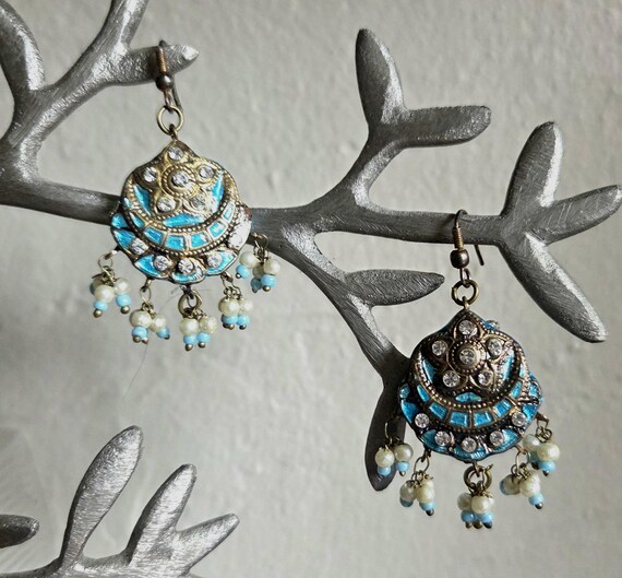 Vintage Handmade Lakh Dangling Earrings – India – Sky Blue