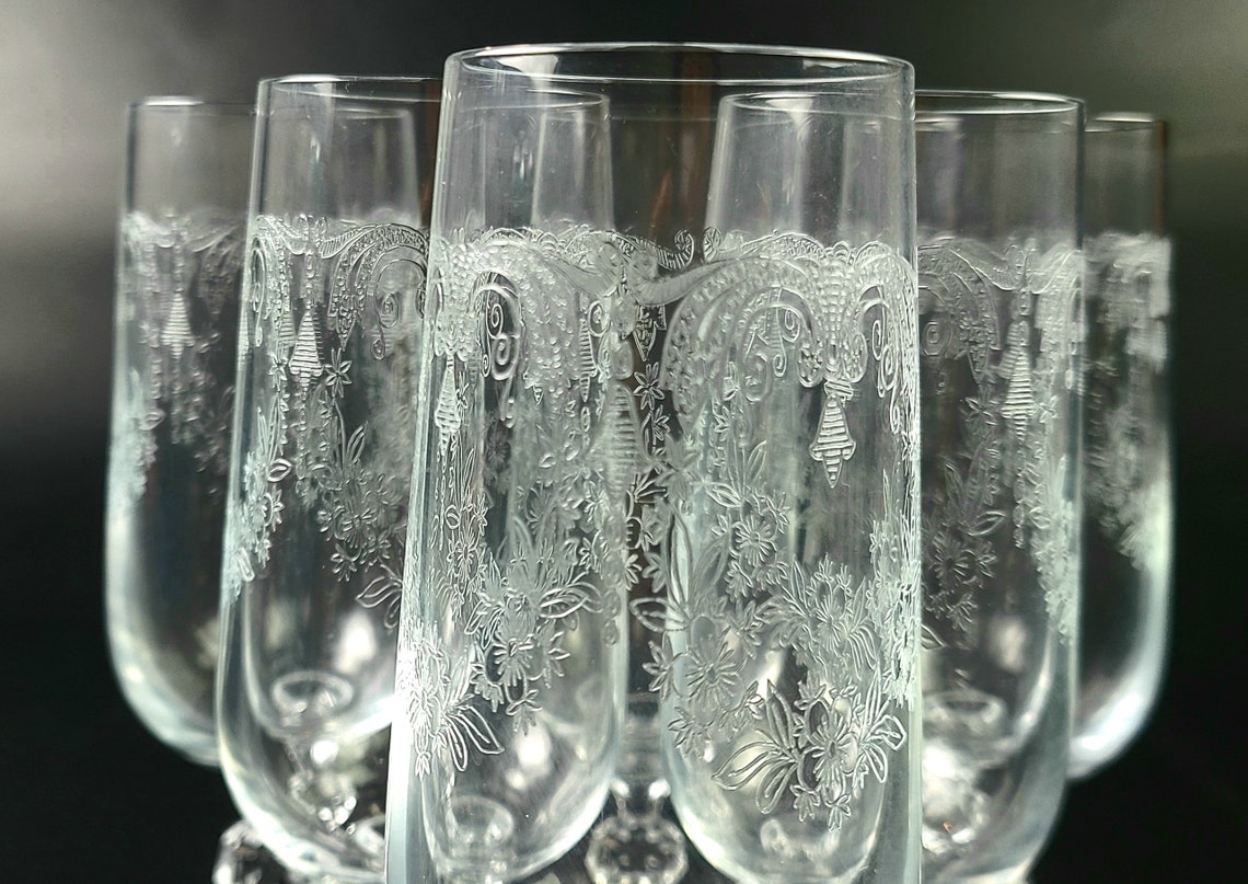 Vintage Bohemia Etched Crystal Champagne Glasses Set of 6 Etsy