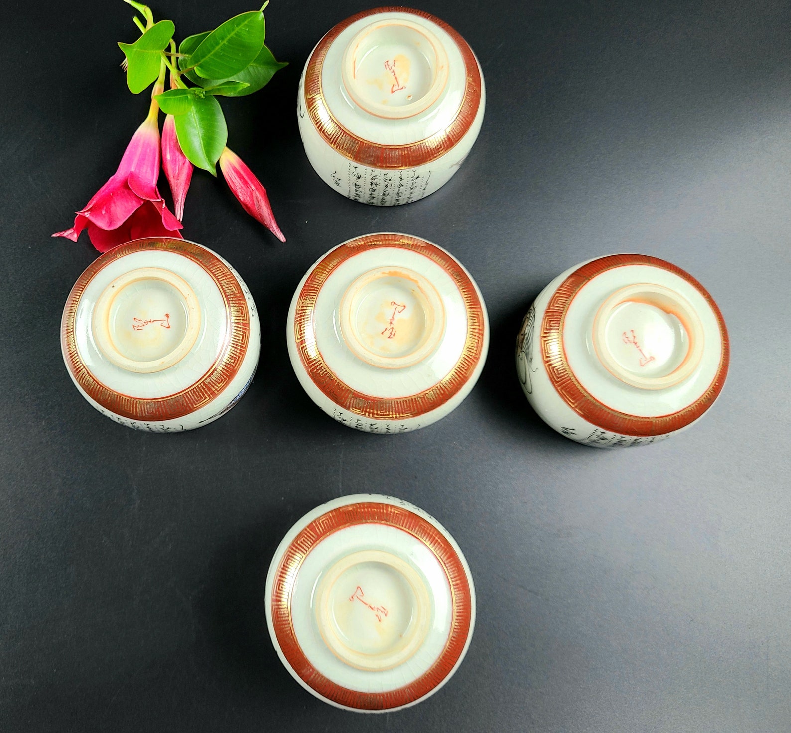 Vintage Japanese Kutani Tea Cups with Calligraphy Set of 5 Etsy