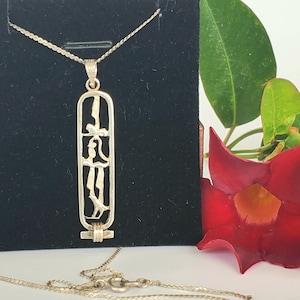 Vintage - Egyptian Cartouche with Hieroglyphics Necklace - Sterling Silver Necklace