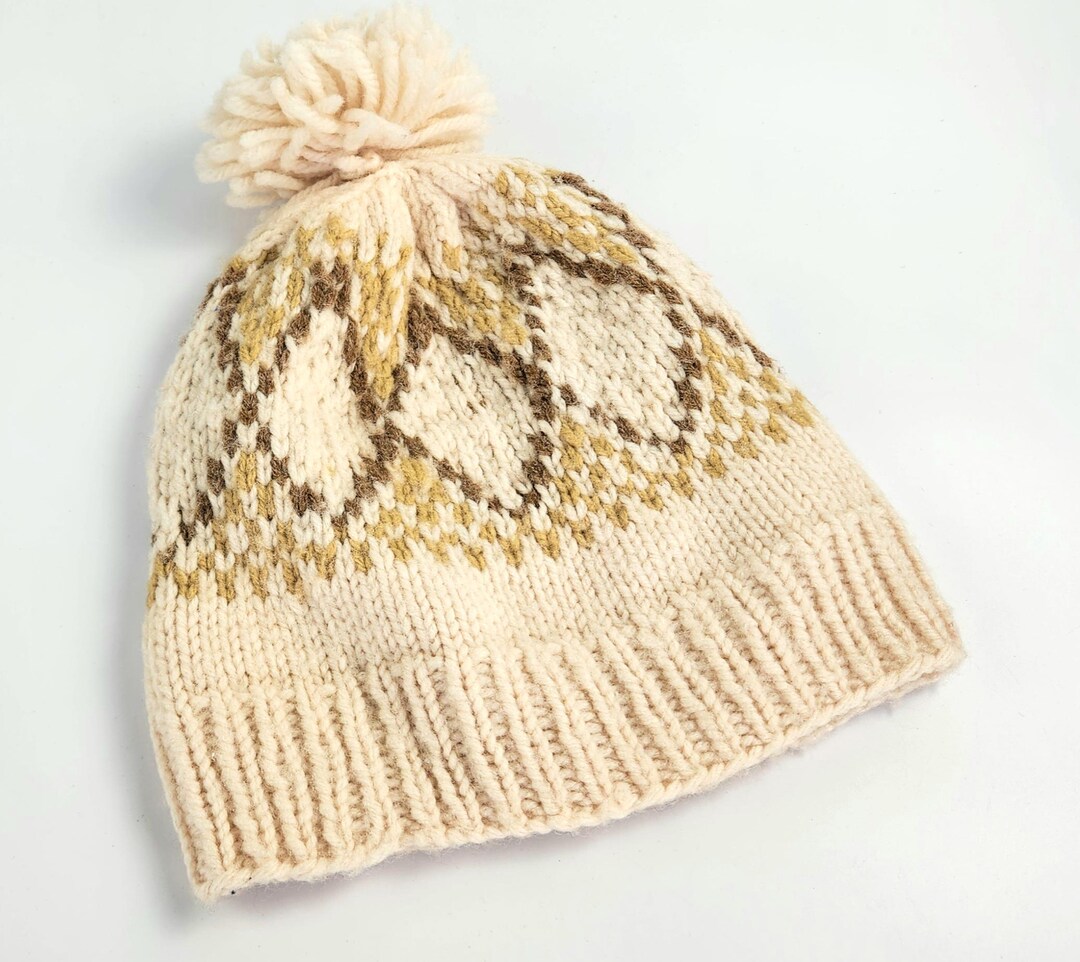 Vintage - Cream & Brown - Handmade - Knitted - Winter Hat - Etsy display picture 2