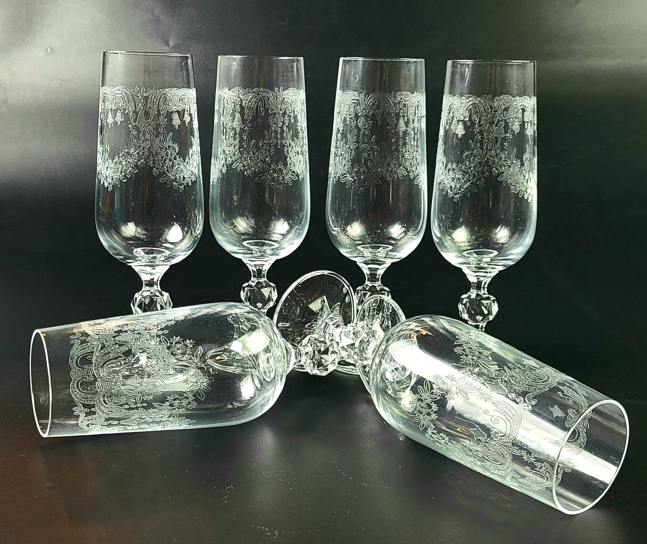 Vintage Bohemia Etched Crystal Champagne Glasses Set of 6 Etsy
