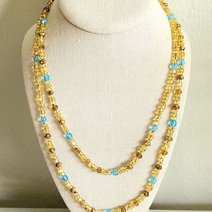 Vintage- 42&quot; Long - Yellow/Blue Color - Beaded Layered Necklace