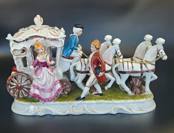 アンティークドイツ磁器 - 長さ12 3/4インチ - 馬車に乗った王子と王女