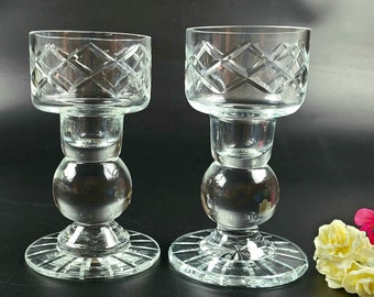 Vintage - Block Cut Lead Crystal - Candleholder/ Candlestick Holder - Set of 2