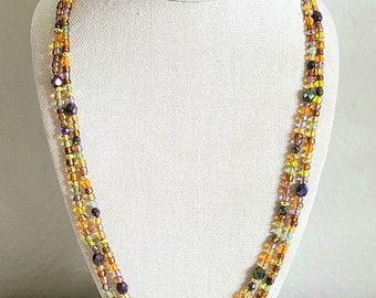 Amber/Purple Tone - 46&quot; Long - Multi-Colored Beaded Layered Necklace
