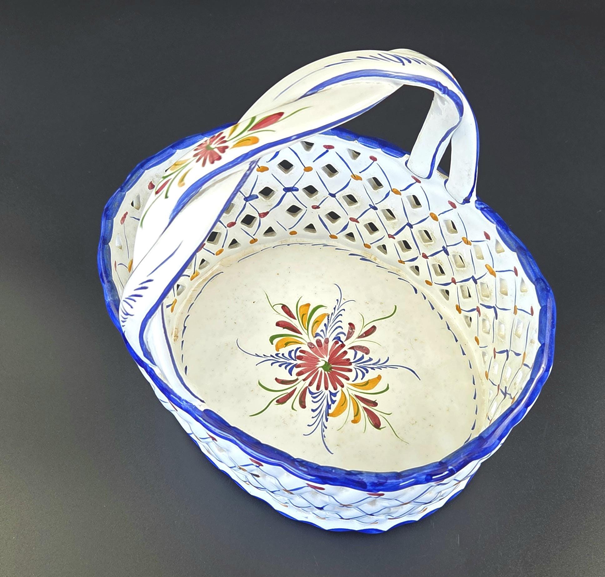 ヴィンテージ - オープンレースバスケット - 花柄 - ハンドル - 磁器