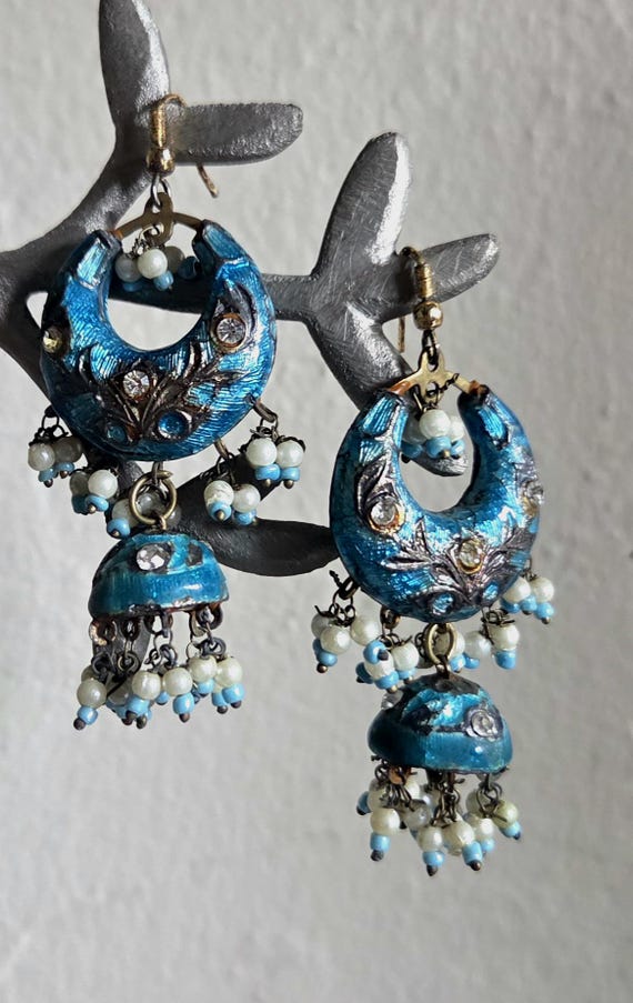 Vintage Handmade Lakh Dangling Earrings – India – Sky Blue View 3