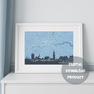 Londres, Angleterre, Royaume-Uni - carte bleu et bleu marine avec impression d'art en téléchargement numérique style silhouette d'horizon (produit à téléchargement instantané).