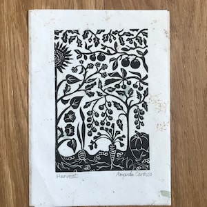 Allotment garden linocut print. Vegetable patch handmade art inspired by William Morris. Wildflower sunflower design handprinted in the UK